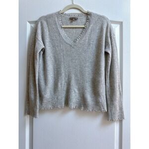 LILLA P 100% Cashmere Sweater V Neck Fraying Hem Size XS Grey